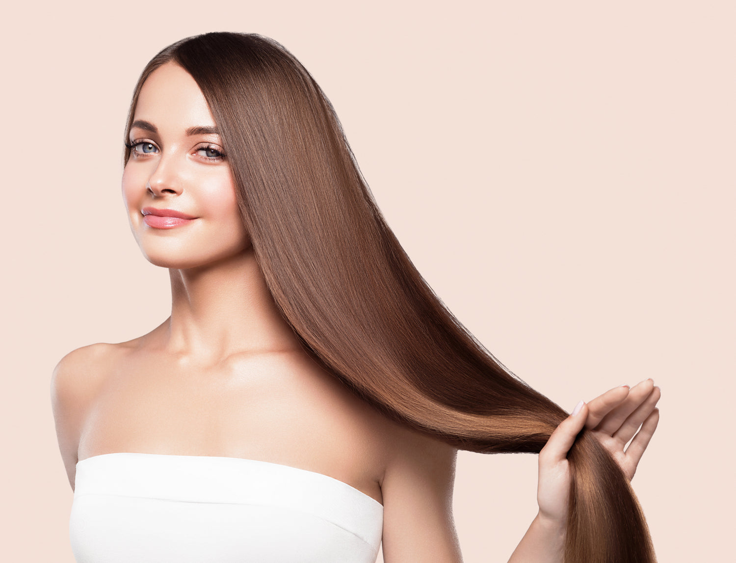 Shiny, healthy hair with smooth texture and volume.